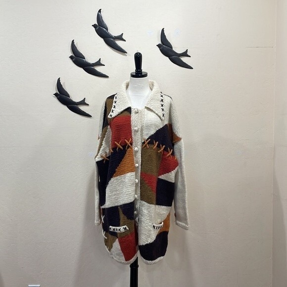Hand Knit Alpaca Oversize Chunky Patchwork Cardigan ~Frontiers Scotland One Size - Picture 4 of 15